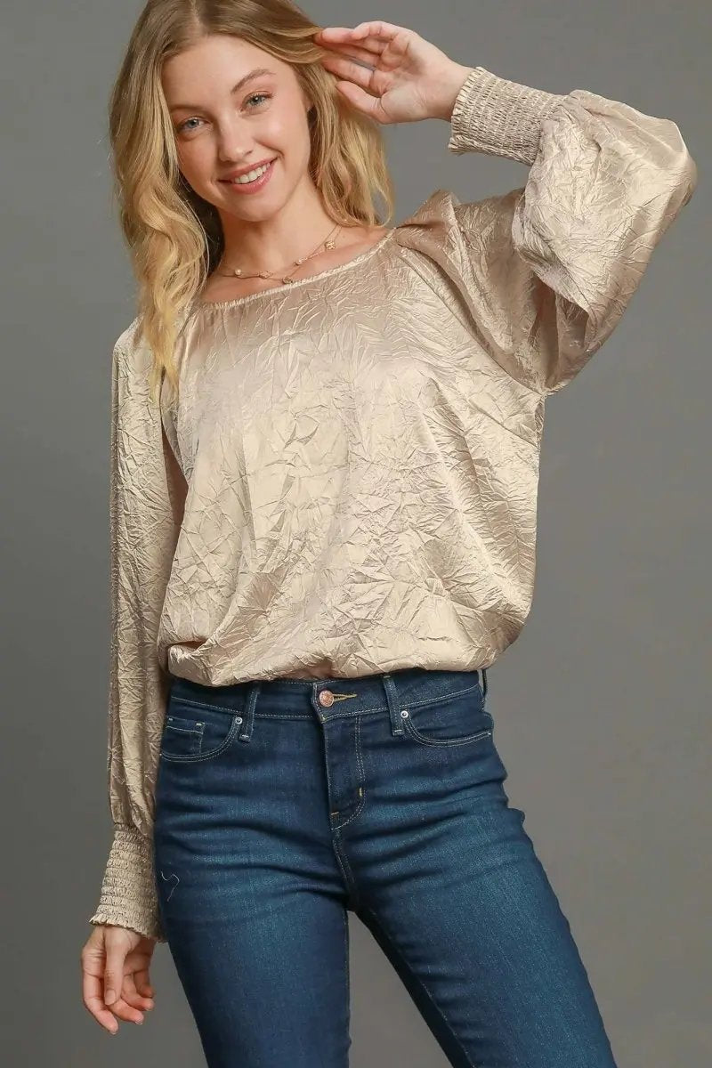 Umgee Wrinkled Round Neck Lantern Sleeve Blouse for Women - Love Salve 