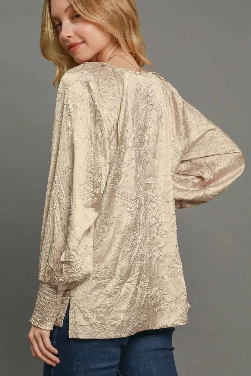 Umgee Wrinkled Round Neck Lantern Sleeve Blouse for Women - Love Salve 
