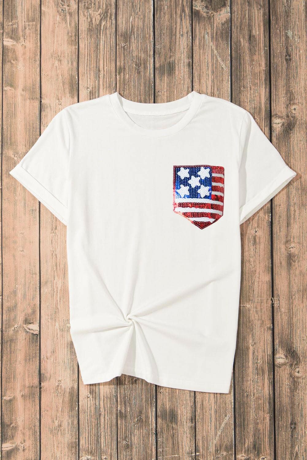 Sequin Sheer US Flag Print Tee - Short Sleeve Round Neck T-ShirtSequin Sheer US Flag Print Tee - Short Sleeve Round Neck T-Shirt
 Make a patriotic and glamorous statement with our Sequin Sheer US Flag Print Tee. This trendy shortLove Salve Flag Print Tee - Short Sleeve Round Neckjust arrived