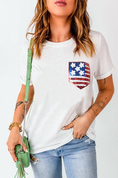 Sequin Sheer US Flag Print Tee - Short Sleeve Round Neck T-ShirtSequin Sheer US Flag Print Tee - Short Sleeve Round Neck T-Shirt
 Make a patriotic and glamorous statement with our Sequin Sheer US Flag Print Tee. This trendy shortLove Salve Flag Print Tee - Short Sleeve Round Neckjust arrived