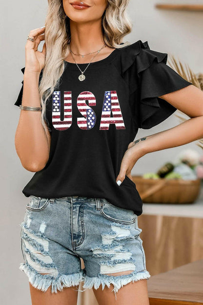 USA Round Neck Flounce Sleeve Top - Love Salve