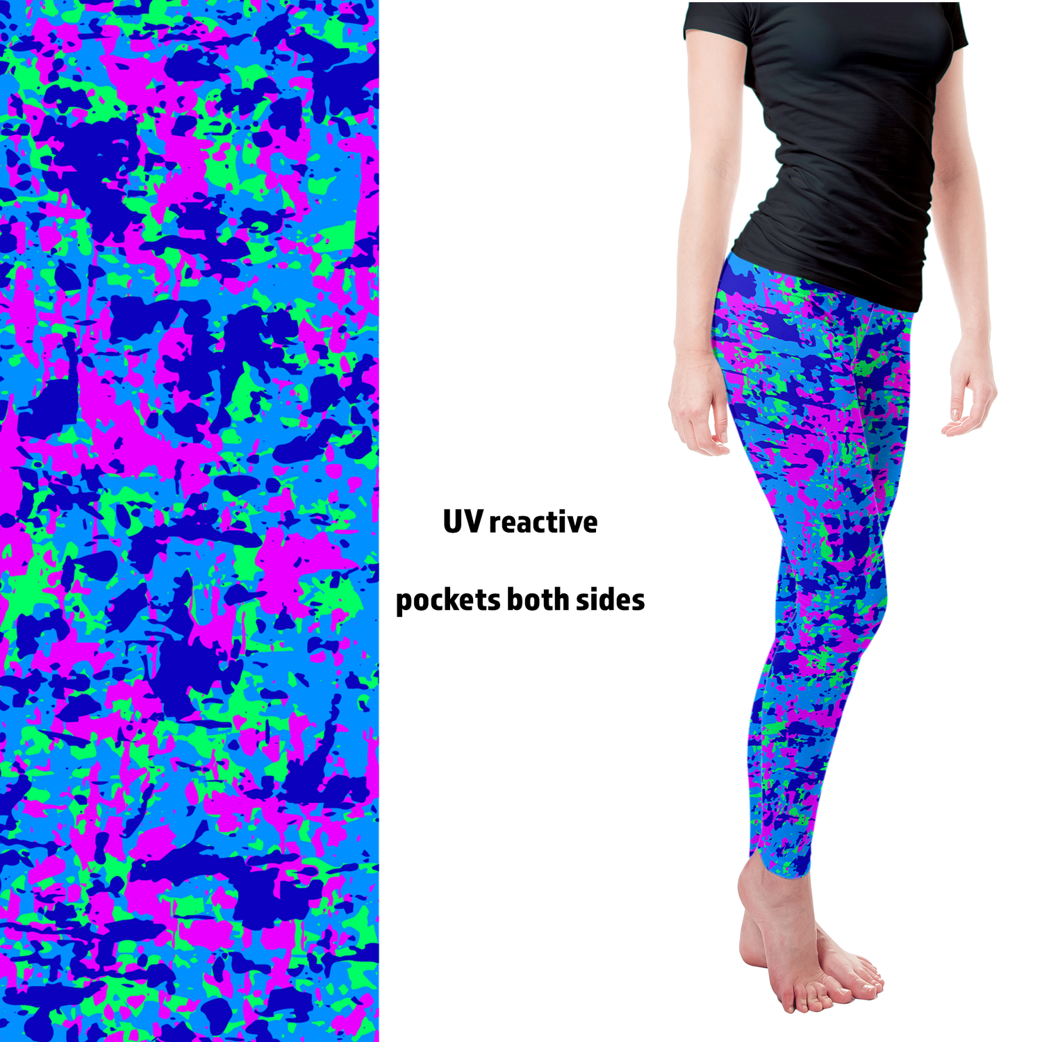 UV Reactive Fluorescent Neon  Camo Full Length Leggings with pockets MM
