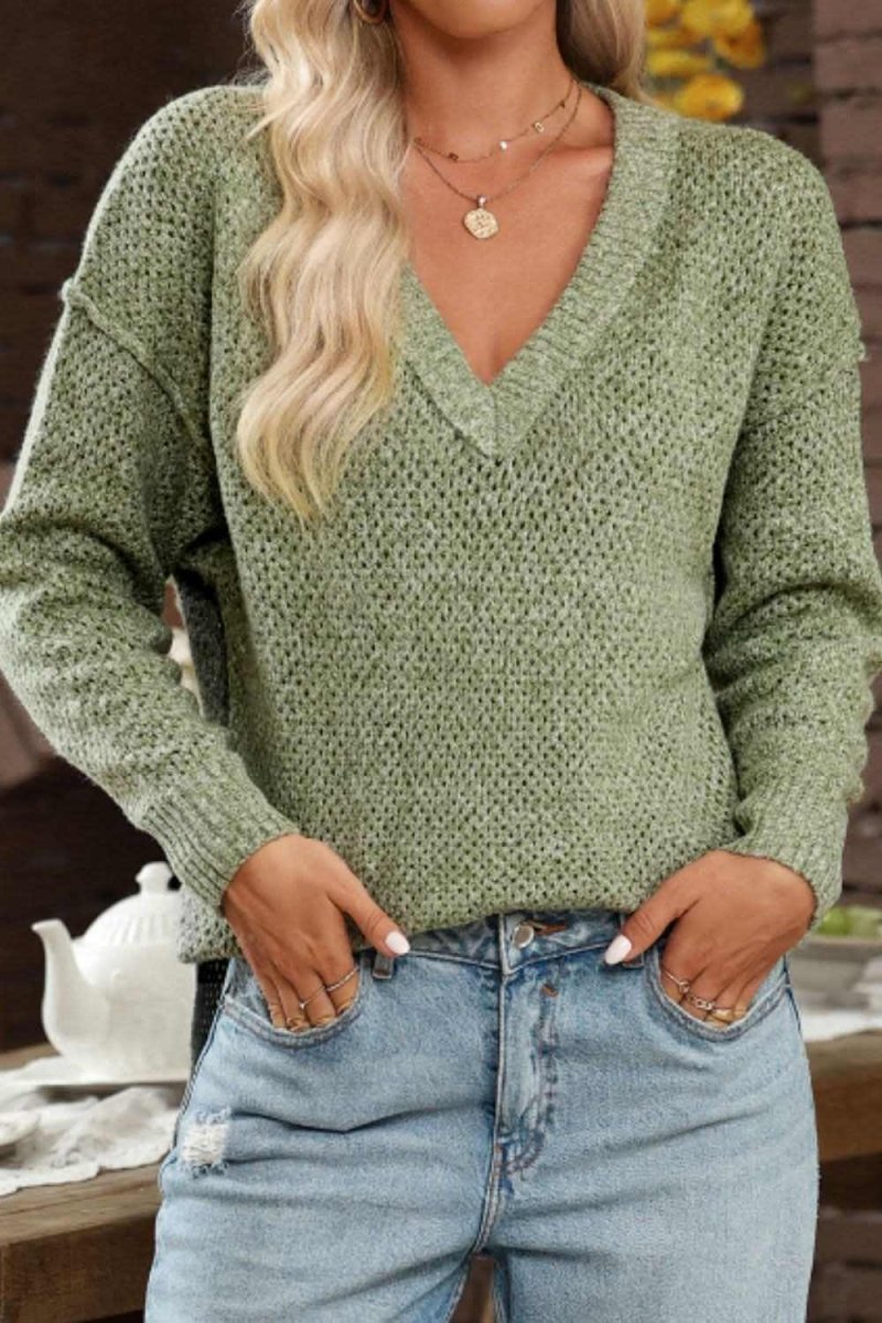 V-Neck Dropped Shoulder Long Sleeve Sweater - Love Salve 