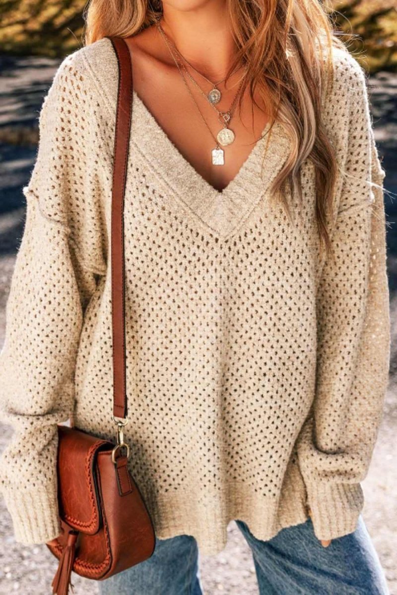 V-Neck Dropped Shoulder Long Sleeve Sweater - Love Salve 