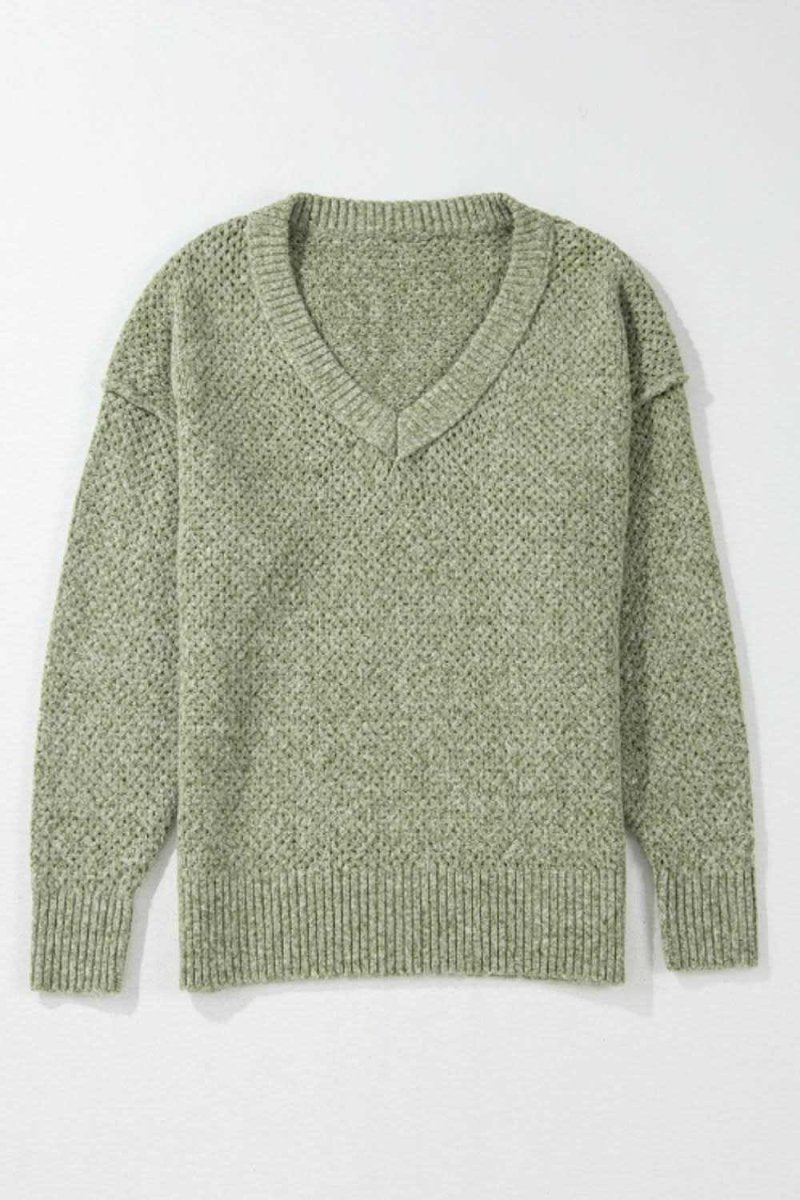 V-Neck Dropped Shoulder Long Sleeve Sweater - Love Salve 