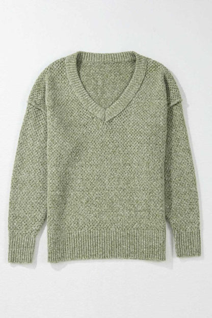 V-Neck Dropped Shoulder Long Sleeve Sweater - Love Salve 