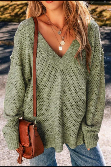 V-Neck Dropped Shoulder Long Sleeve Sweater - Love Salve 