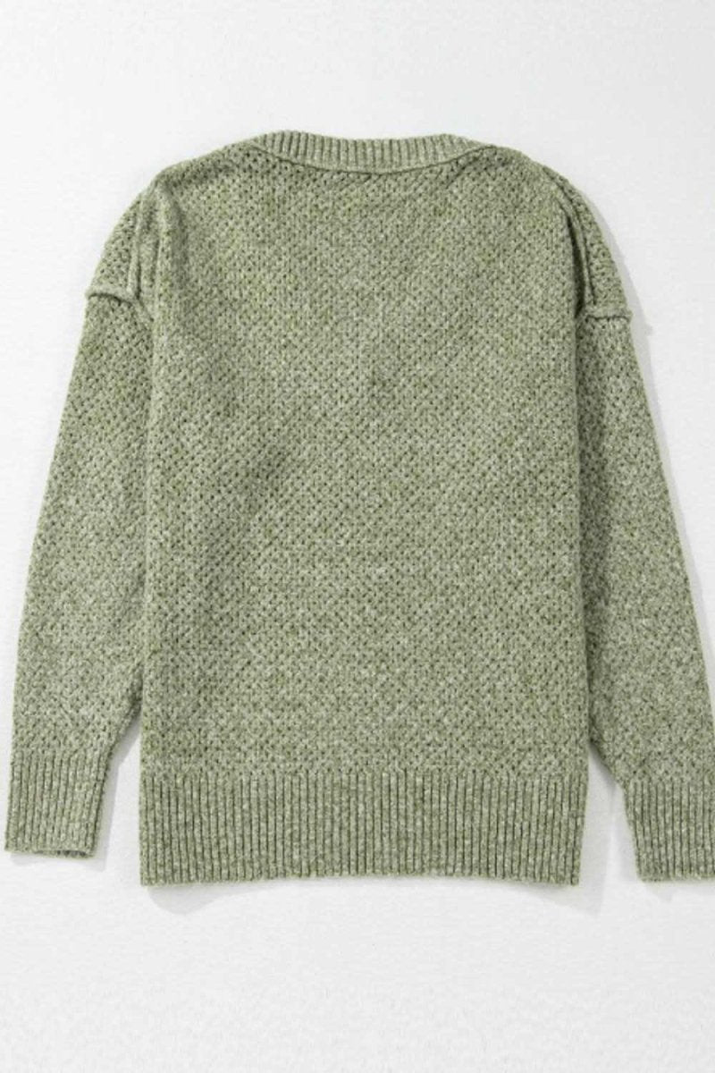 V-Neck Dropped Shoulder Long Sleeve Sweater - Love Salve 