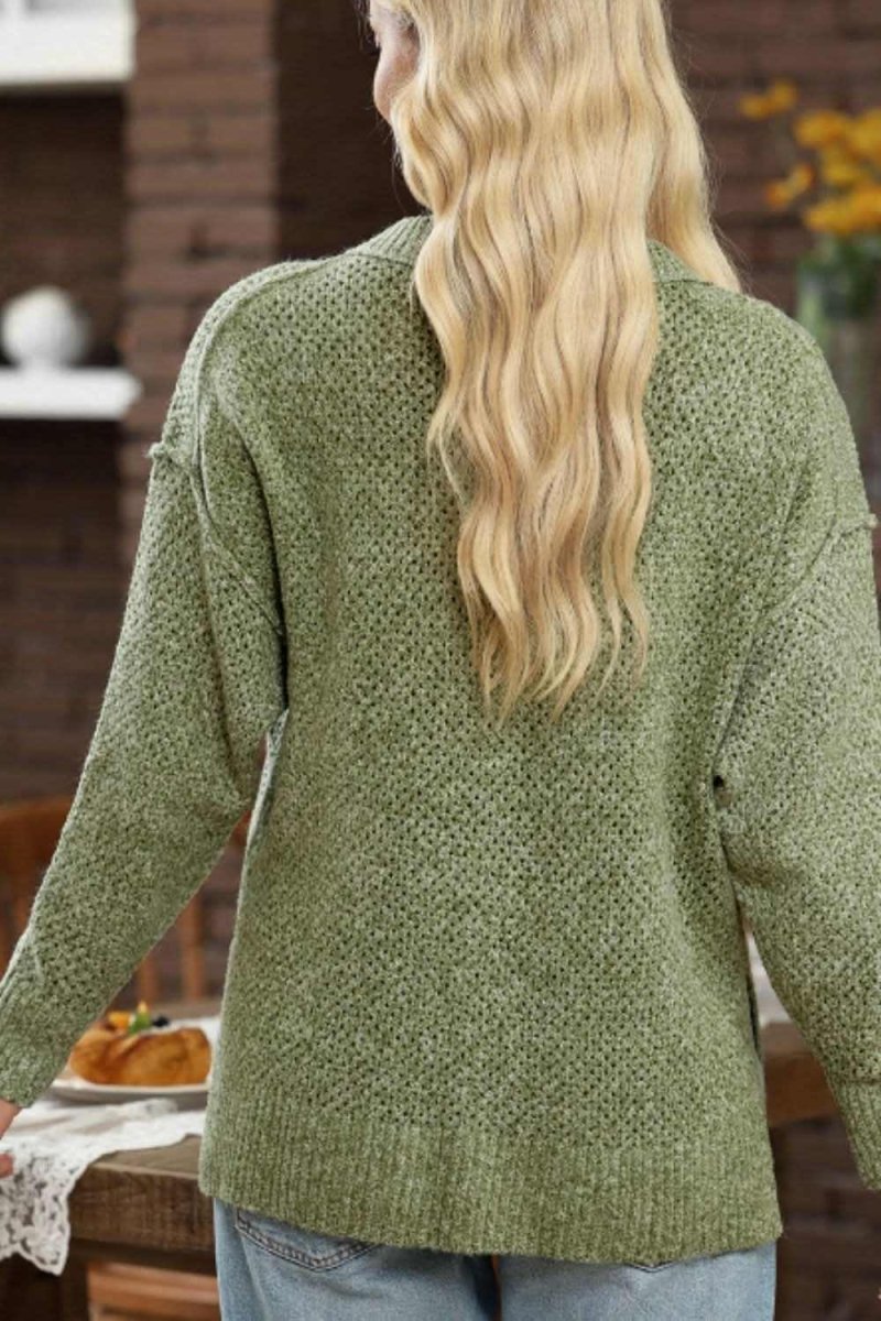 V-Neck Dropped Shoulder Long Sleeve Sweater - Love Salve 