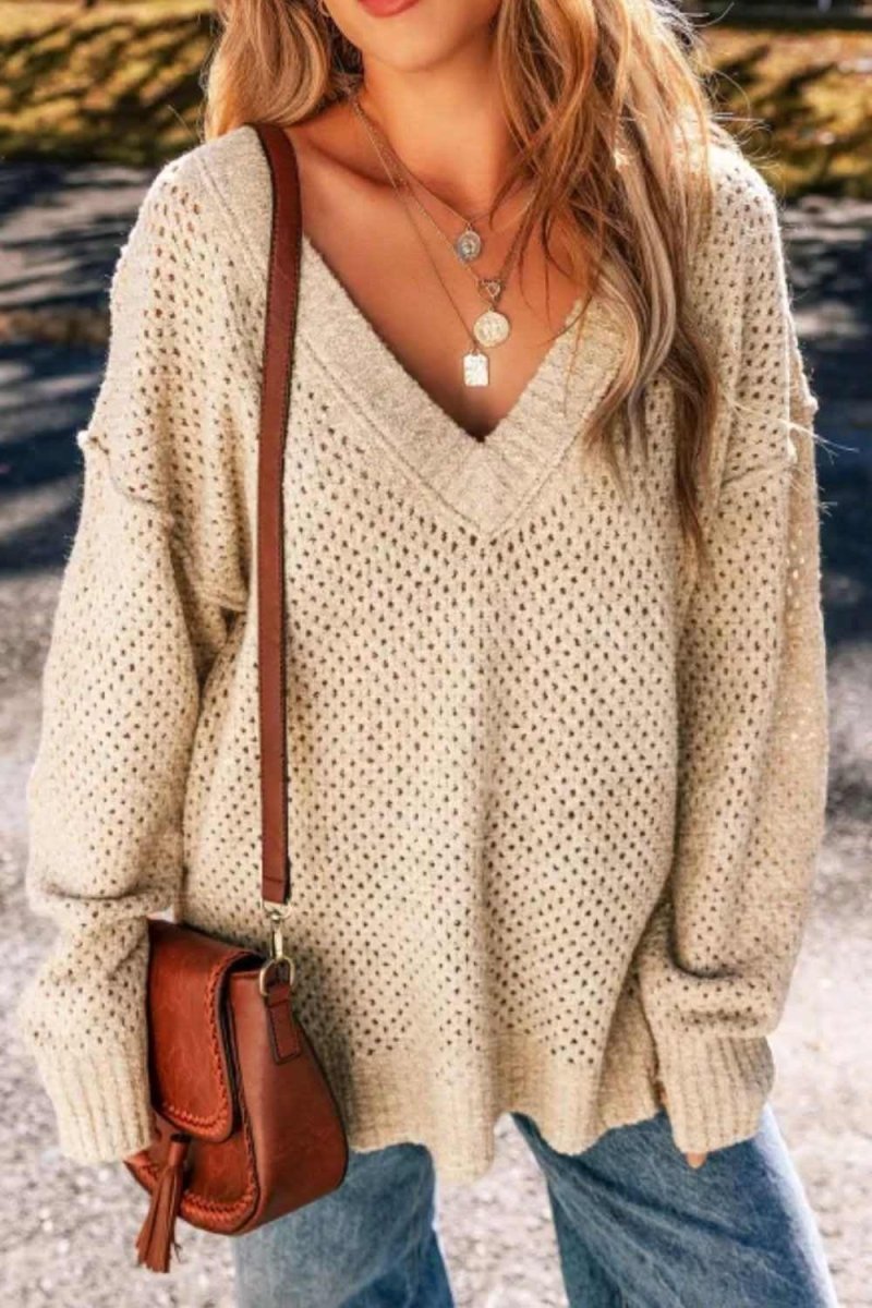 V-Neck Dropped Shoulder Long Sleeve Sweater - Love Salve 