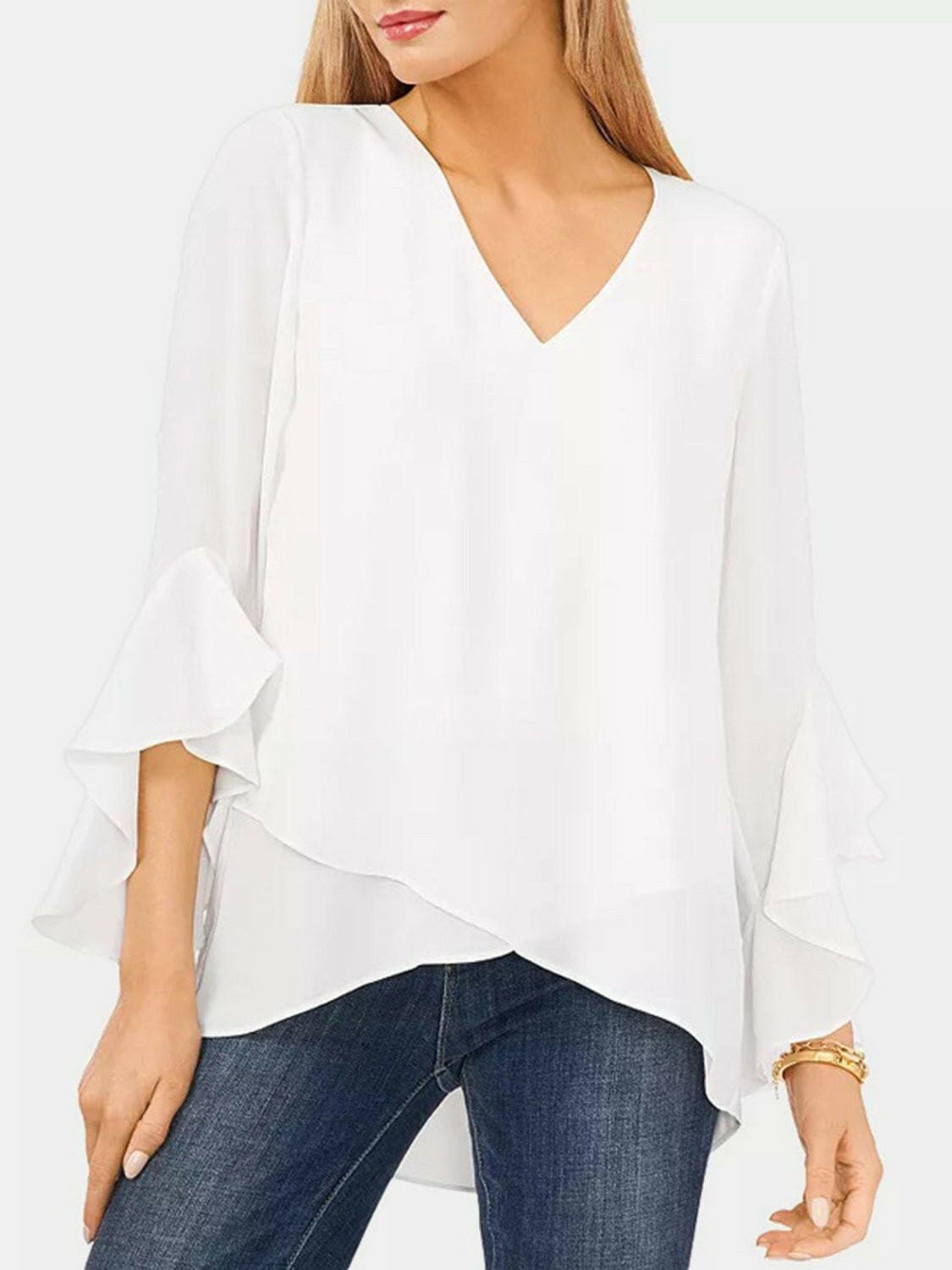 V-Neck Flounce Sleeve Blouse - Love Salve