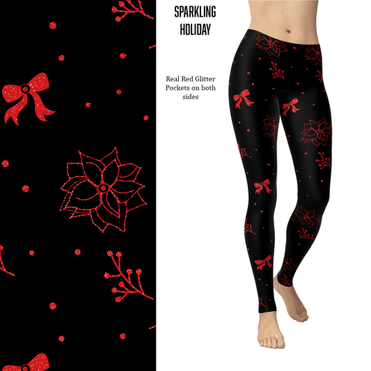 Red Glitter Poinsettia, Bow, Holiday Berry Holiday Leggings with Pockets MM