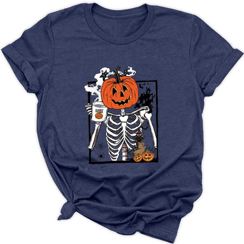 Spooky season style: Women's pumpkin skeleton graphic tee