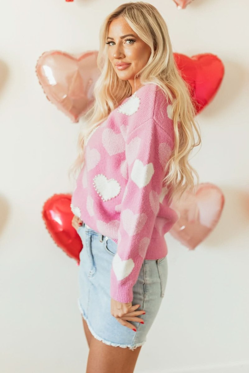 Valentine's Day Pearled Heart Print Pink Crew Neck Sweater - Love Salve 