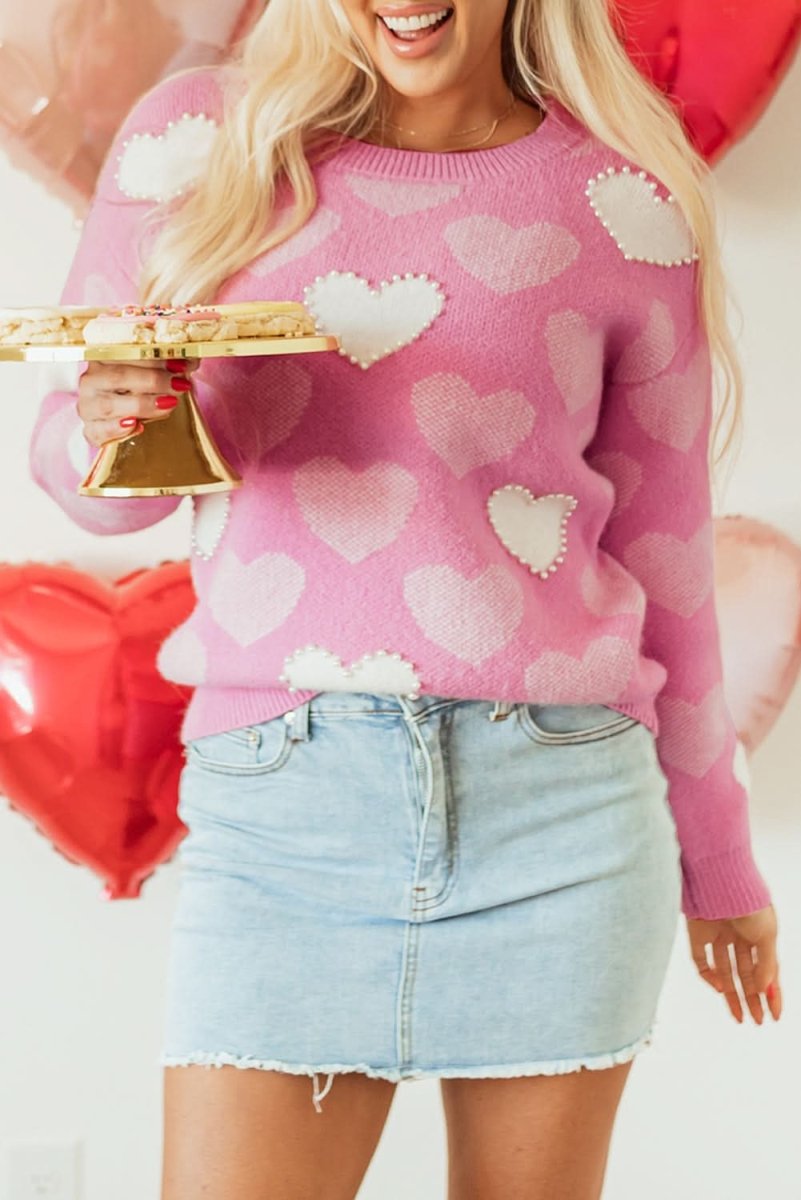 Valentine's Day Pearled Heart Print Pink Crew Neck Sweater - Love Salve 