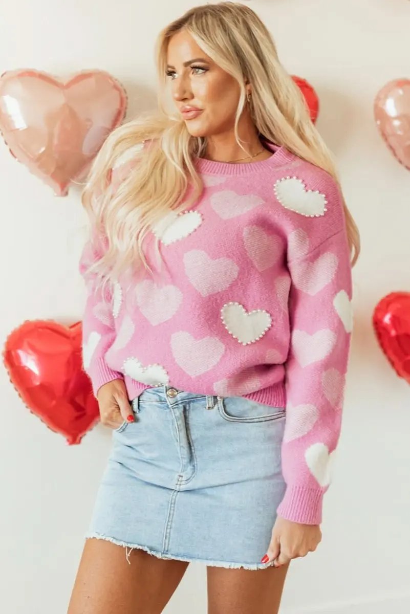 Valentine's Day Pearled Heart Print Pink Crew Neck Sweater - Love Salve 