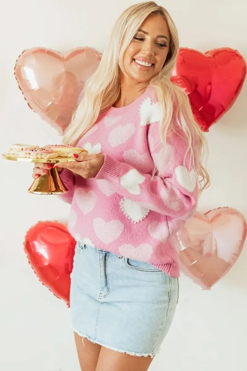 Valentine's Day Pearled Heart Print Pink Crew Neck Sweater - Love Salve 