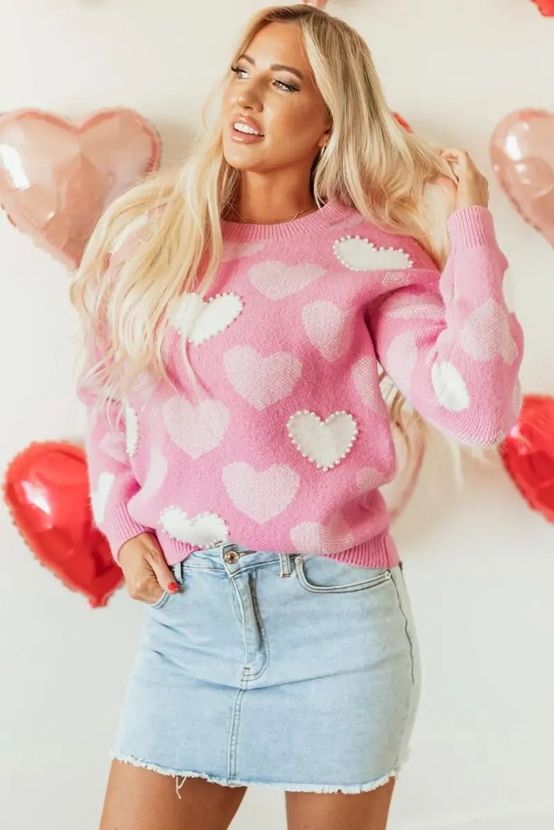 Valentine's Day Pearled Heart Print Pink Crew Neck Sweater - Love Salve 