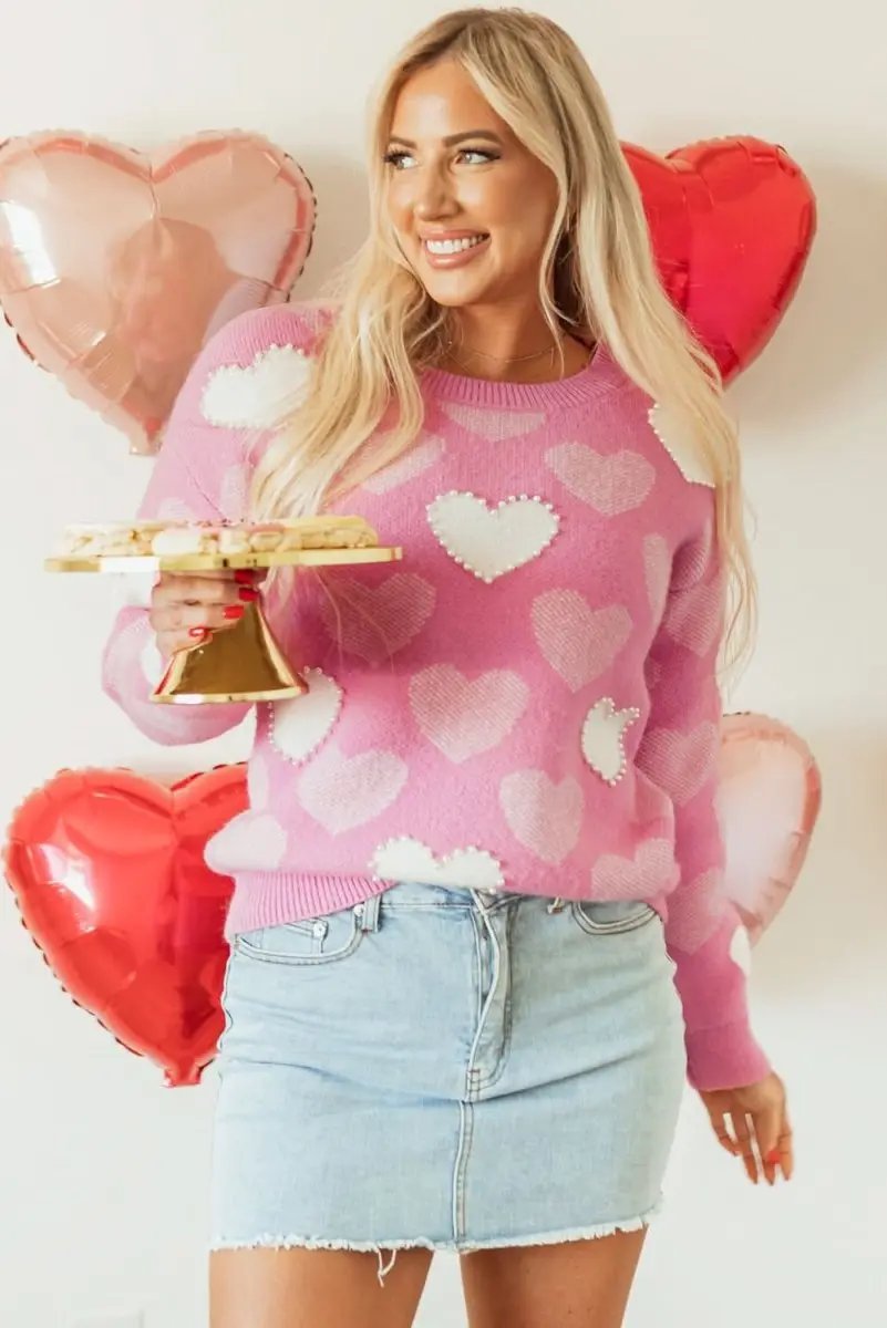 Valentine's Day Pearled Heart Print Pink Crew Neck Sweater - Love Salve 