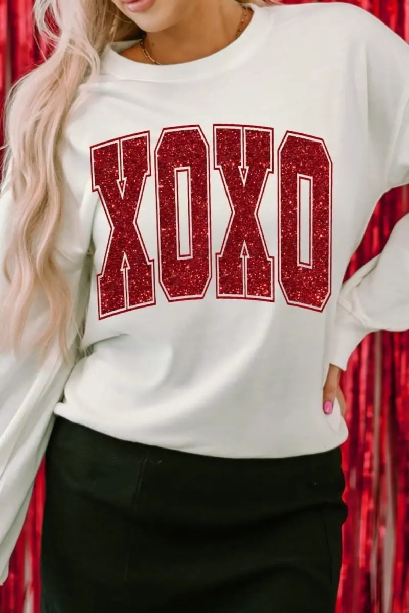 Valentine’s Day XOXO Glitter Round Neck Sweatshirt - Love Salve 