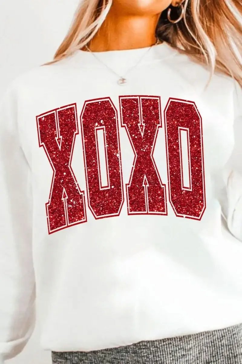Valentine’s Day XOXO Glitter Round Neck Sweatshirt - Love Salve 