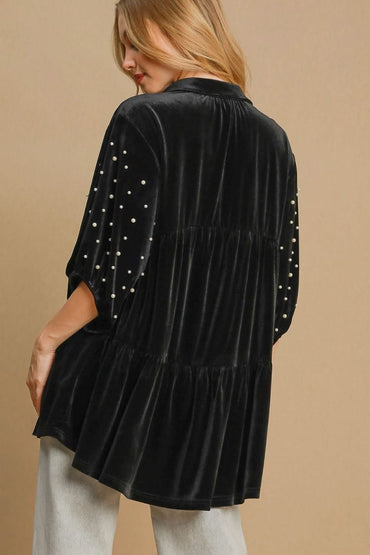 Velvet Babydoll Blouse with Pearl Accents and Half Sleeves - Love Salve 