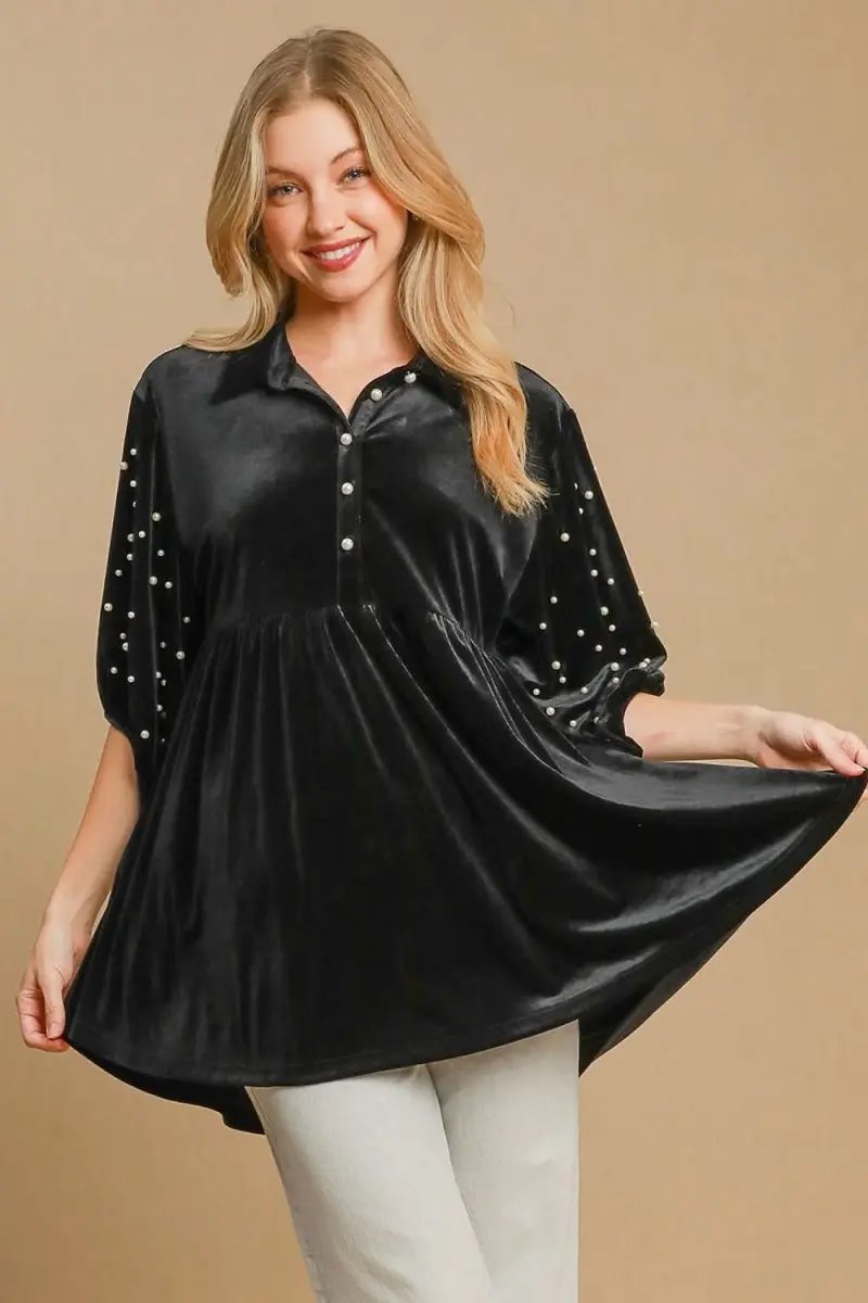 Velvet Babydoll Blouse with Pearl Accents and Half Sleeves - Love Salve 