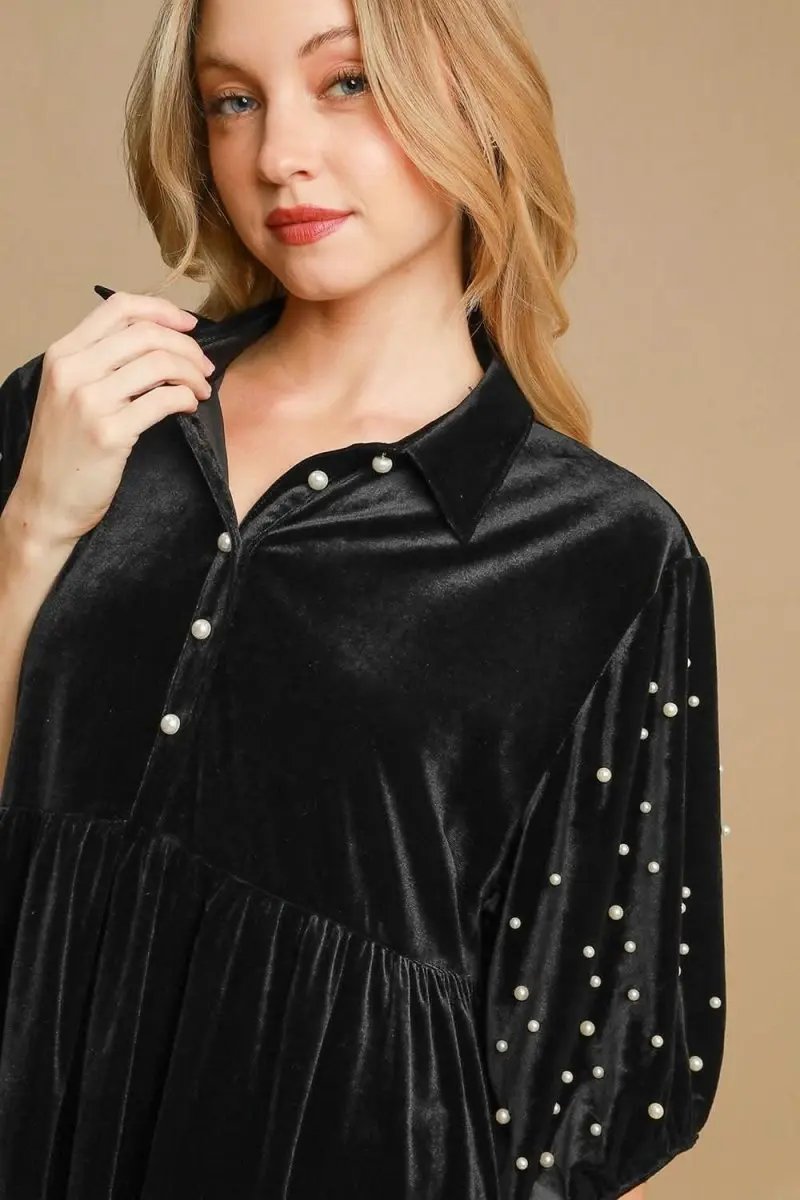 Velvet Babydoll Blouse with Pearl Accents and Half Sleeves - Love Salve 