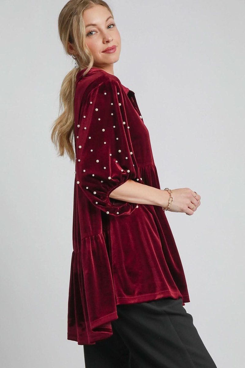 Velvet Babydoll Blouse with Pearl Detail and Collared Neck - Love Salve 