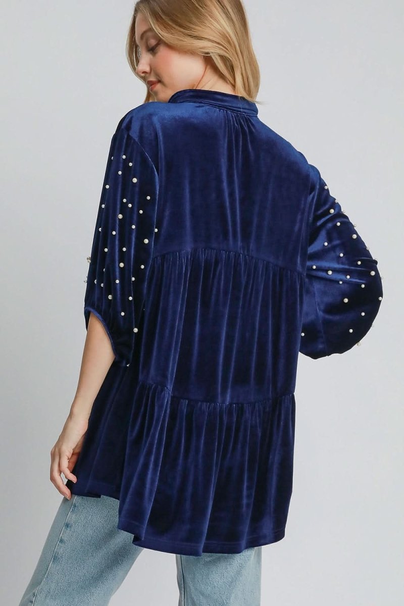 Velvet Babydoll Blouse with Pearl-Embellished Collar - Love Salve 