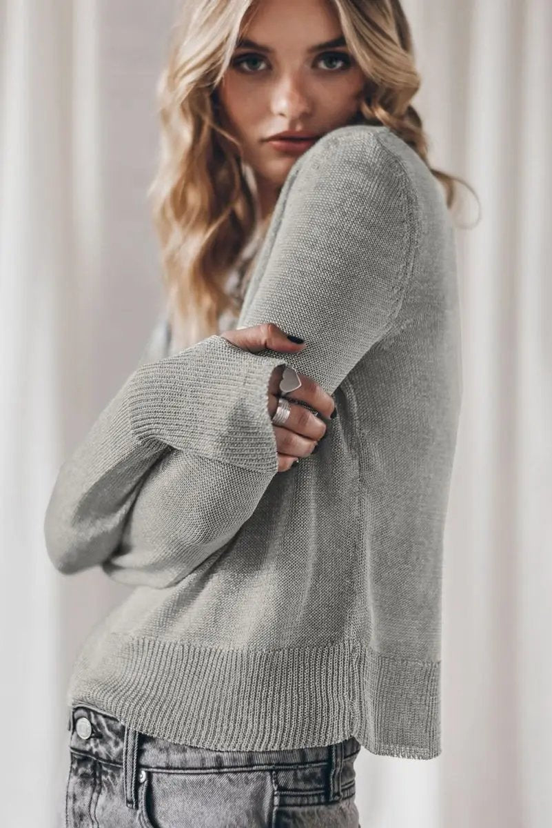 Versatile Gray Ribbed Edge Sweater with Thumbhole Sleeves - Love Salve 
