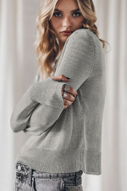 Versatile Gray Ribbed Edge Sweater with Thumbhole Sleeves - Love Salve 