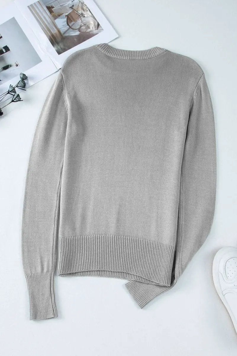 Versatile Gray Ribbed Edge Sweater with Thumbhole Sleeves - Love Salve 
