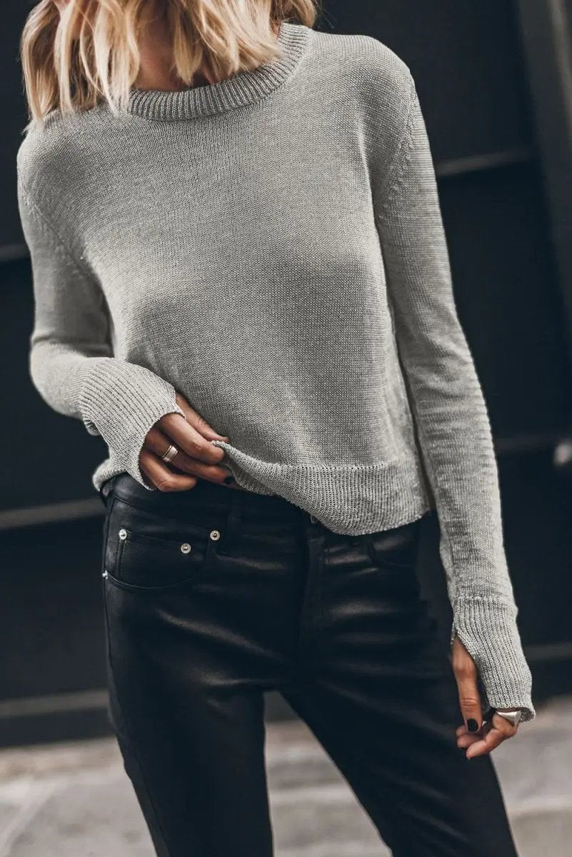 Versatile Gray Ribbed Edge Sweater with Thumbhole Sleeves - Love Salve 