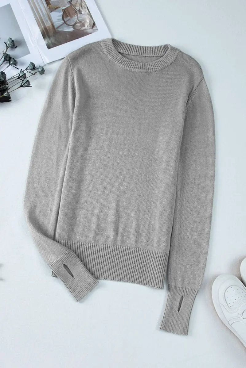 Versatile Gray Ribbed Edge Sweater with Thumbhole Sleeves - Love Salve 