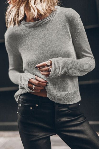 Versatile Gray Ribbed Edge Sweater with Thumbhole Sleeves - Love Salve 