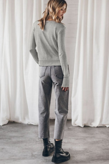 Versatile Gray Ribbed Edge Sweater with Thumbhole Sleeves - Love Salve 
