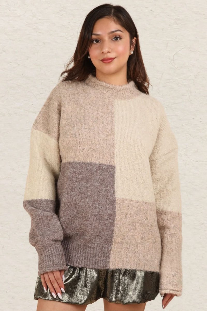 VERY J Color Block Mock Neck Drop Shoulder Sweater - Love Salve 