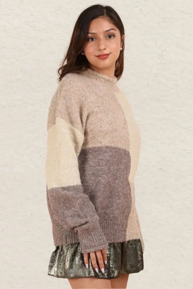 VERY J Color Block Mock Neck Drop Shoulder Sweater - Love Salve 