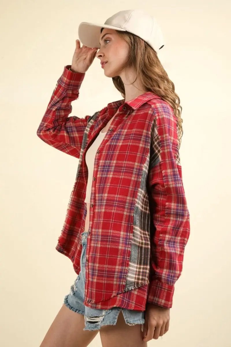 VERY J Contrast Plaid Raw Detail Shirt - Love Salve 
