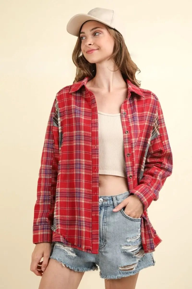 VERY J Contrast Plaid Raw Detail Shirt - Love Salve 