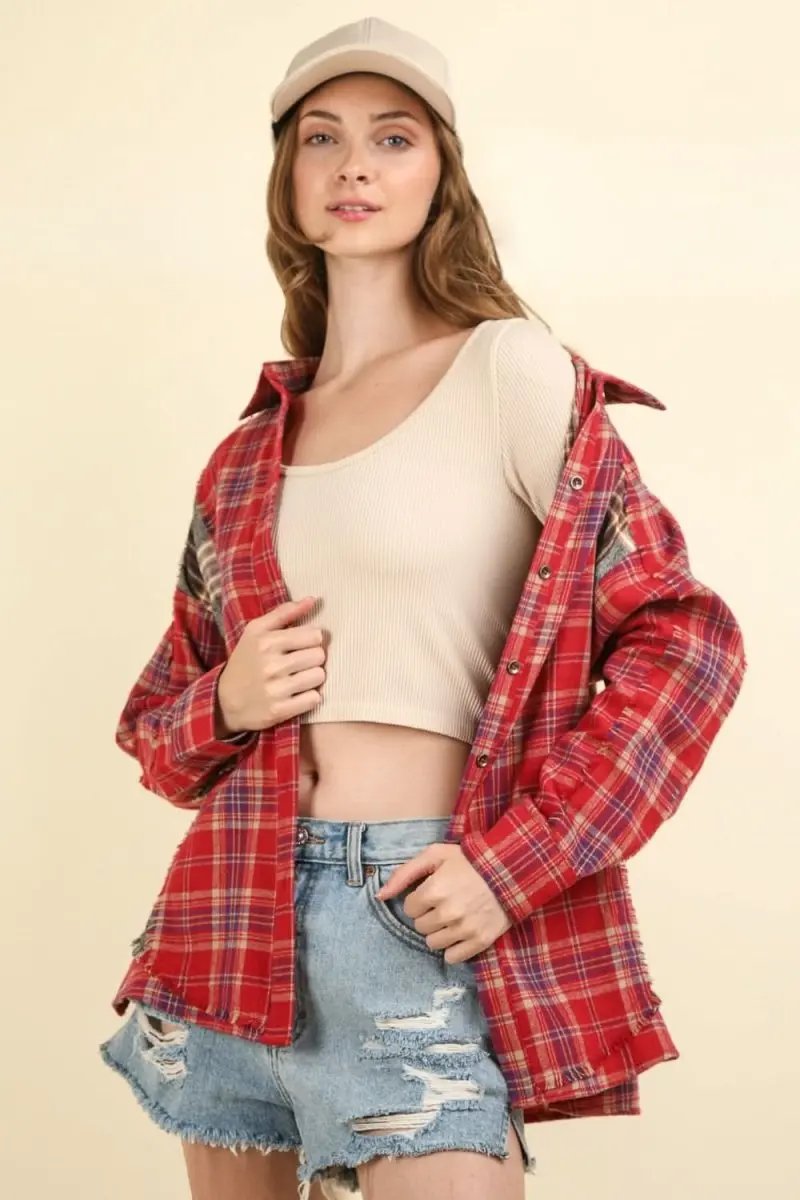 VERY J Contrast Plaid Raw Detail Shirt - Love Salve 