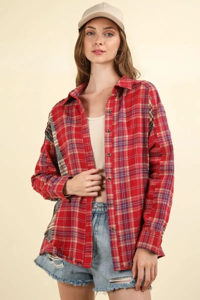 VERY J Contrast Plaid Raw Detail Shirt - Love Salve 