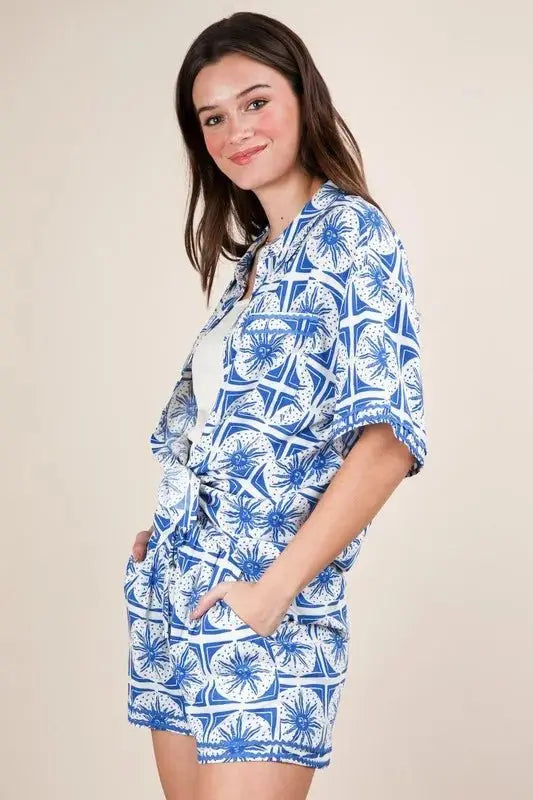VERY J Full Size Tropical Printed Shirt Top and Shorts Set Plus Size - Love Salve