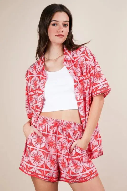 VERY J Full Size Tropical Printed Shirt Top and Shorts Set Plus Size - Love Salve