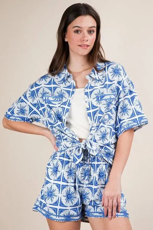 VERY J Full Size Tropical Printed Shirt Top and Shorts Set Plus Size - Love Salve