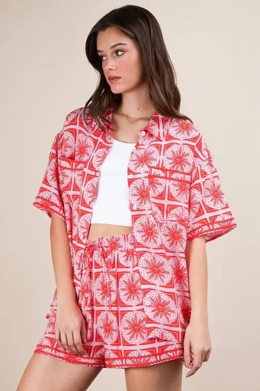 VERY J Full Size Tropical Printed Shirt Top and Shorts Set Plus Size - Love Salve