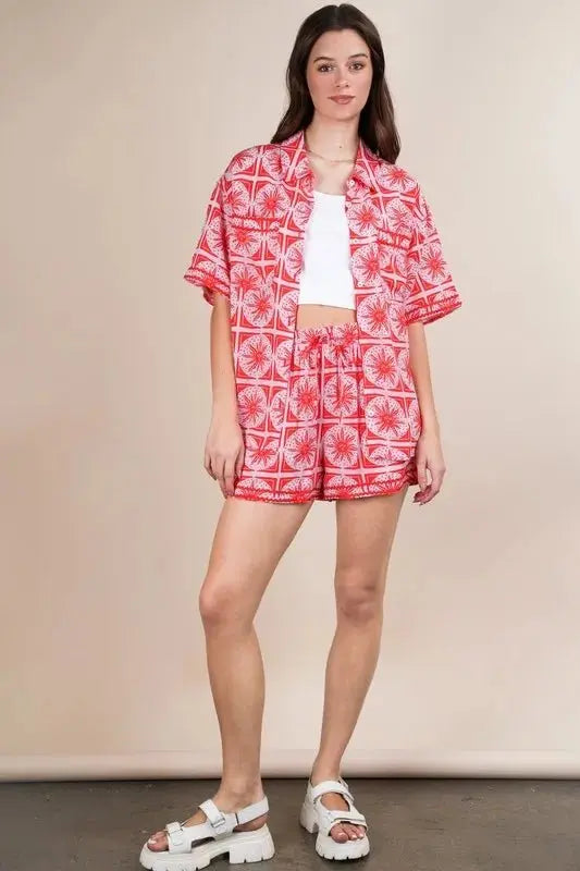 VERY J Full Size Tropical Printed Shirt Top and Shorts Set Plus Size - Love Salve