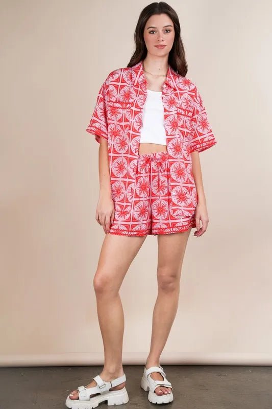 VERY J Full Size Tropical Printed Shirt Top and Shorts Set Plus Size - Love Salve