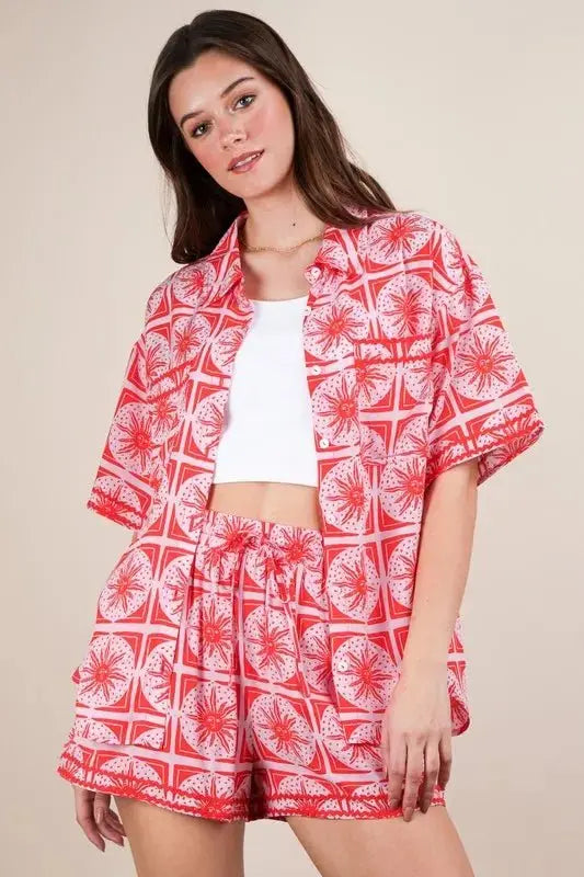 VERY J Full Size Tropical Printed Shirt Top and Shorts Set Plus Size - Love Salve